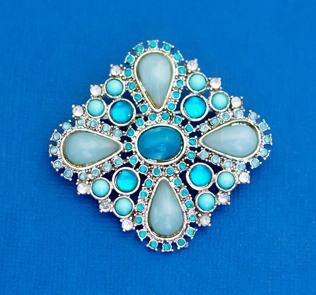 Vintage Brooch Art Deco Broch Diamond Gem Brooch Blue Faux Etsy