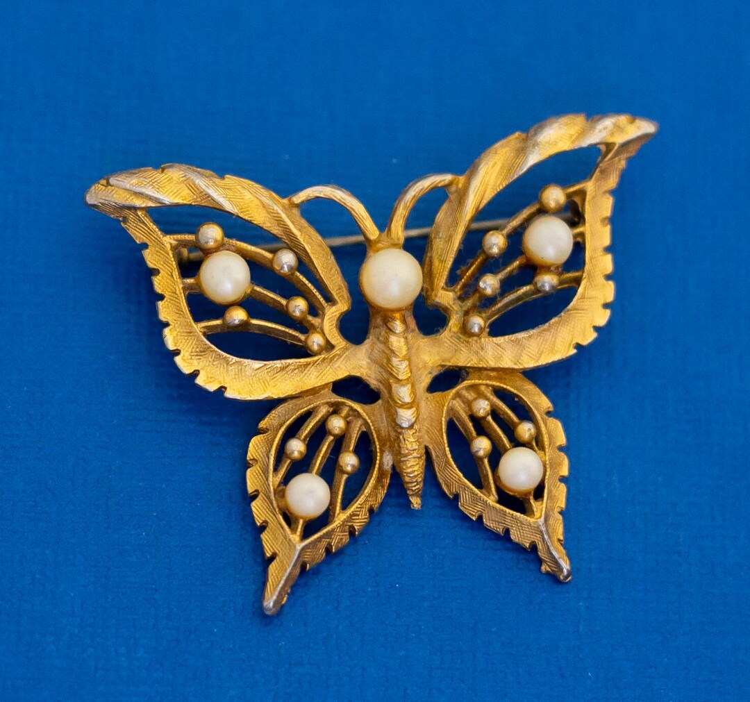 Broche Papillon émail Et Perles Signée FO - État Comme Neuf, 5,4 Cm, Occasion