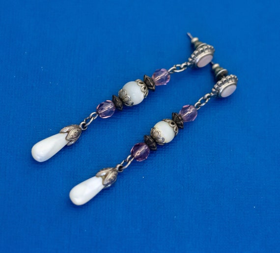 Vintage Dangle Earrings, Faux Pearl Earrings, Bea… - image 1