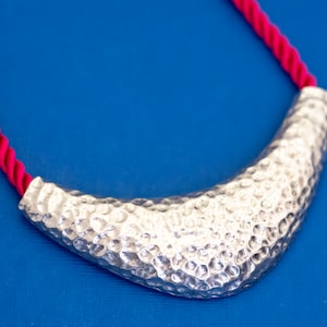 18 inch, Vintage Bib Necklace, Silver Tone Necklace, Red Rope Lace Necklace, Statement Necklace - D17