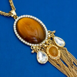 34 inch, Vintage Tassel Necklace, Gold Tone Necklace, Chain Link Necklace, Oval Stone Necklace, Diamond Gem Necklace - D35