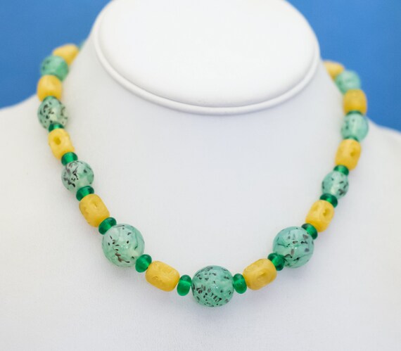16 inch, Vintage Glass Green Beads Yellow Stone C… - image 2