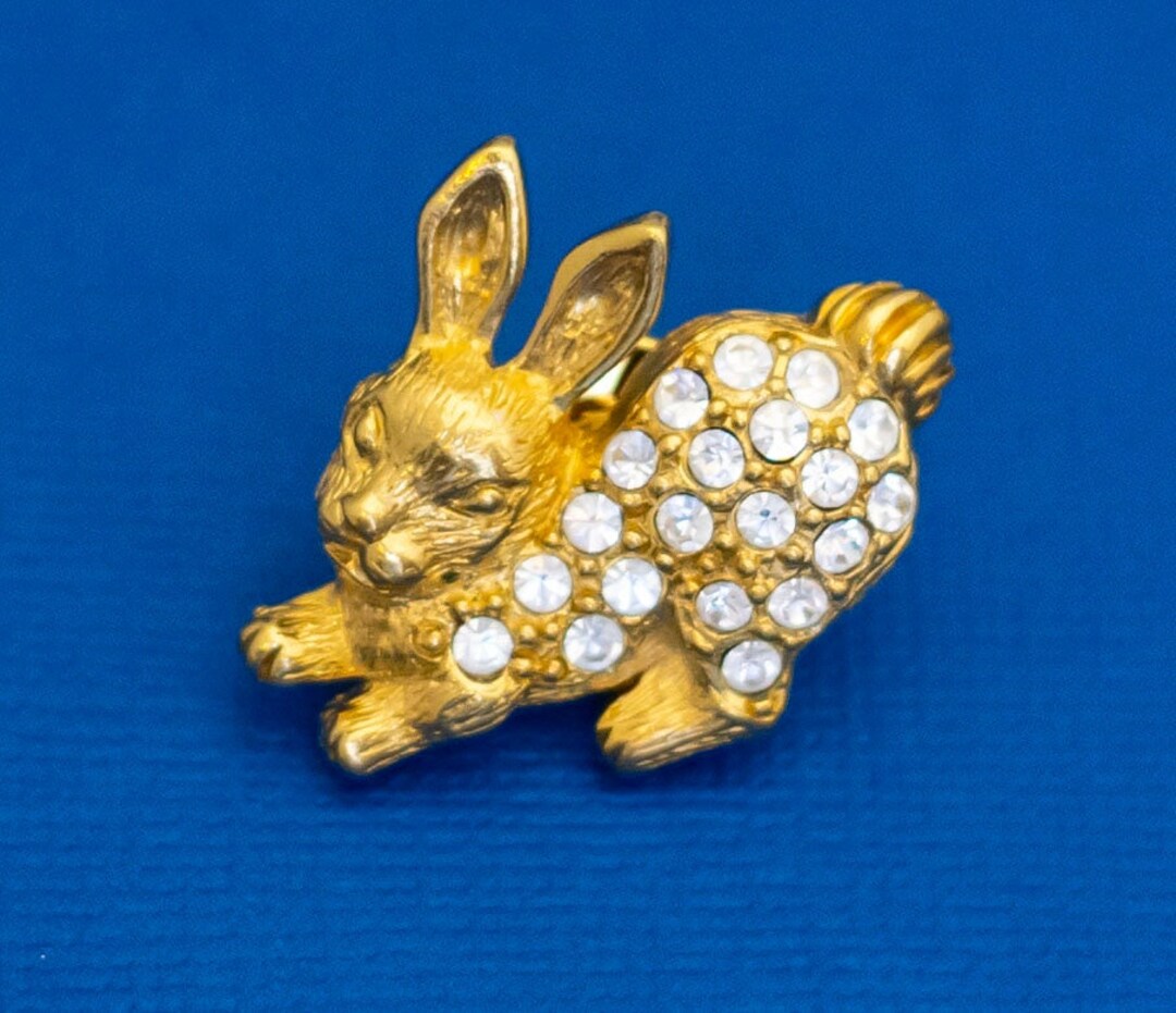 Vintage Bunny Pin, Rabbit Pin, Animal Pin, Gold Tone Pin, Rhinestone ...