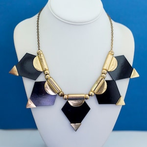 18 inch, Vintage Bib Necklace, Gold Tone Necklace, Geometric Necklace, Black Stones Necklace, Avant Garde Necklace - D36