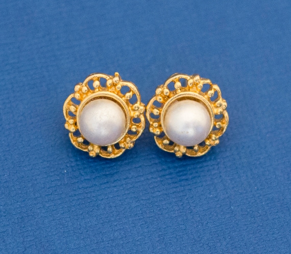 Victorian Style Gilt Pearl Stud Earrings Elegantly Simple