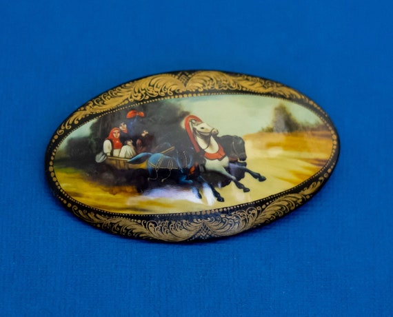 Vintage Brooch, Horse Carriage Brooch, Painting B… - image 1