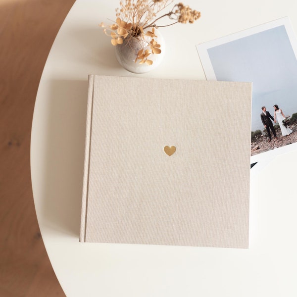 Livre d'or album de mariage en lin beige | COEUR | estampage à l'or | Album photos | PERSONNALISABLE