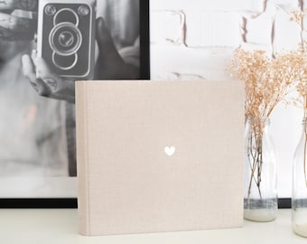 Álbum de boda libro de visitas de lino beige | CORAZÓN | estampado blanco | Álbum de fotos| PERSONALIZABLE