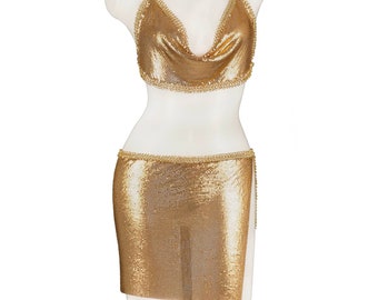 Golden metallic luxury mini skirt and top set, Micro wrap metal skirt set gold