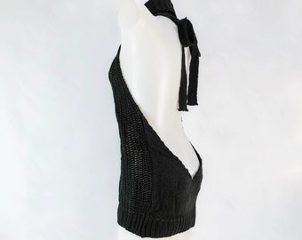 Mini-robe semi-transparente en crochet à col roulé dos nu noir