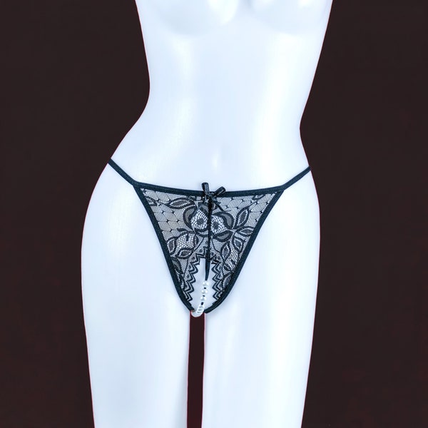 Pearl G-string white, Pearl G-string flower black and blue, Pearl Rose flower  black string