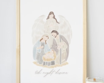 Puede incluir: Una ilustración de acuarela de la escena de la natividad con María, José y el niño Jesús. Un ángel con alas está por encima de ellos. El texto "Oh night divine" está escrito debajo de la imagen.