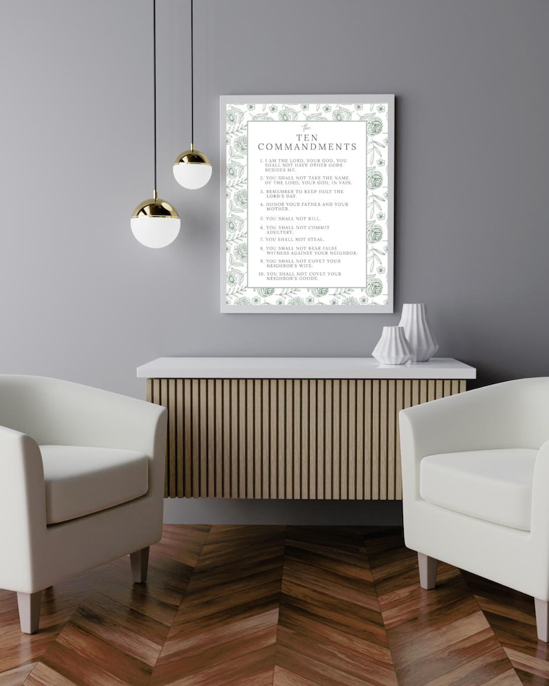 Ten Commandments Printable Art, Green Floral Bible Verse (digital ...