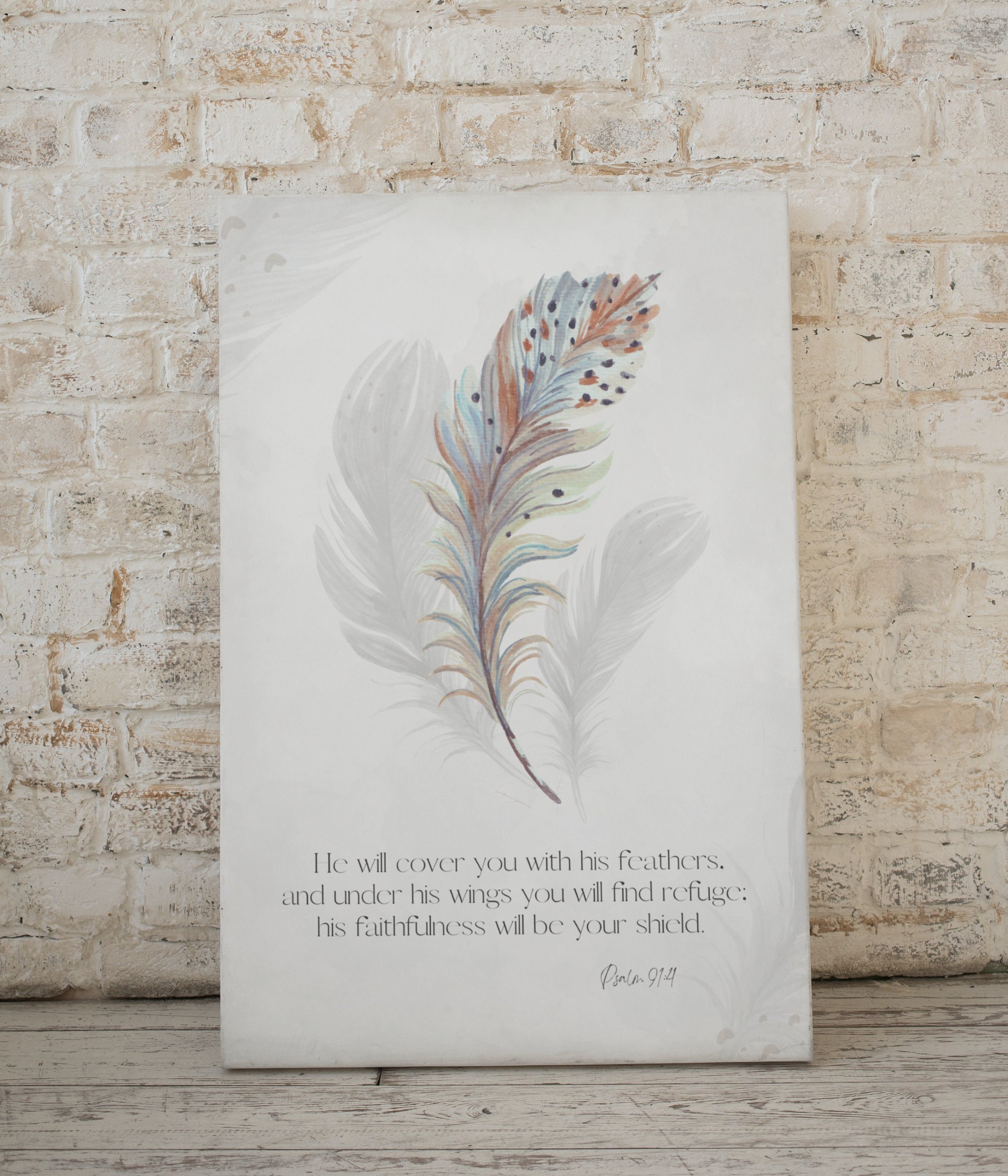 Feather Scripture Cursive Psalm 91:4 Watercolor Feather Print | Christian Sympathy Gift | He Will ...