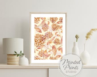 Vintage Hydrangea Print, Rust Botanical Autumn Wall Art (Digital Download)