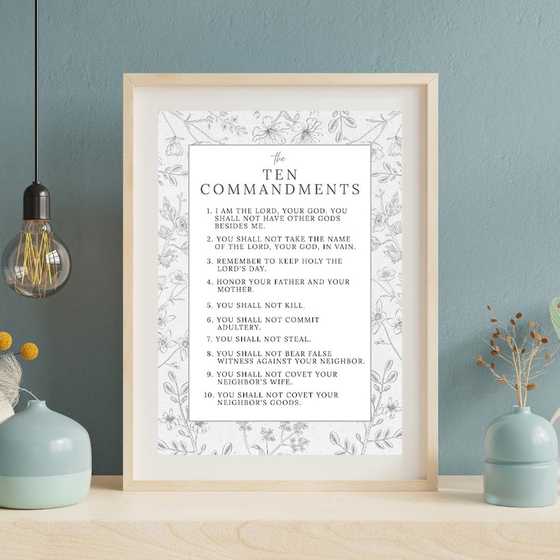 10 Commandments Printable Wall Art Floral Bible Verse Print Back White ...