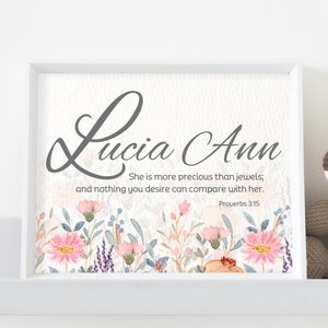 Impresión personalizada de versículos bíblicos para niña - Arte mural personalizado para guardería - Decoración cristiana para bebé - Regalo para baby shower - Arte personalizado para bautismo de niña con nombre