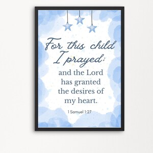 1 Samuel 1:27 Printable, Blue and White Nursery Scripture Art,  Digital Download, Boy nursery art, Scripture nursery art, Boy baptism gift