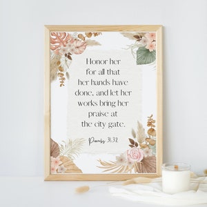 Muttertagskunst | Muttertagsbibelvers-Druck | Sprüche 31:31 Wandkunst | Floral christliches Geschenk für Mama | Ehre ihr | Digitaler Download