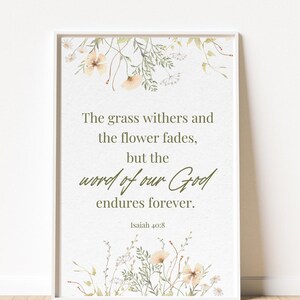 Bijbelvers kunst aan de muur Wildflower Jesaja 40:8 afdrukken christelijk herfst decor schrift kunst geloof cadeau voor haar bloemsierkunst schrift geloof cadeau