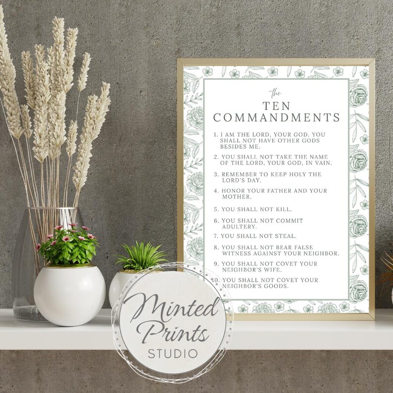 Ten Commandments Printable Art, Green Floral Bible Verse (digital ...