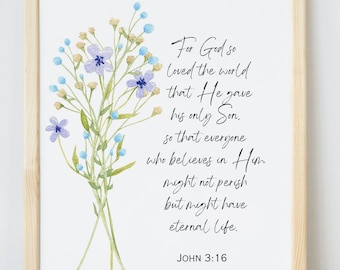 John 3:16 Scripture Art Print, Floral Bible Verse (Digital Download)