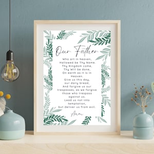 Our Father Wall Art Prayer Decor Lords Prayer Print Christian Greenery Modern Digital Download Our Father Gift Modern Our Father Home Decor