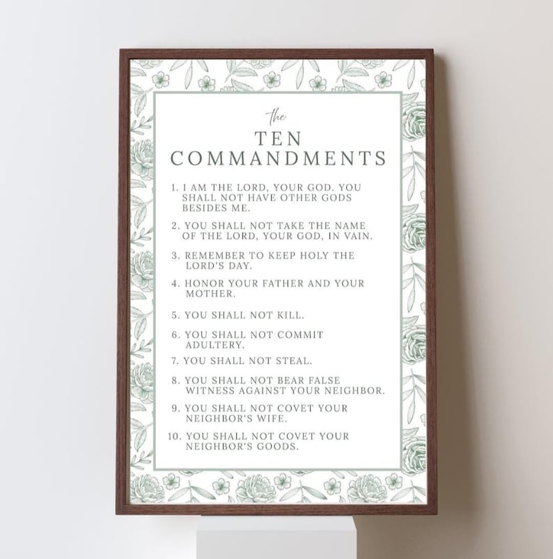Ten Commandments Printable Art, Green Floral Bible Verse (digital ...