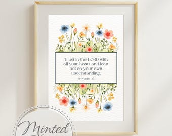 Bible Verse Print Floral Wall Art Wildflower Printable Vintage Flower Art Trust in the Lord Bible Verse Wall Art Proverbs 3:5 Wall Decor