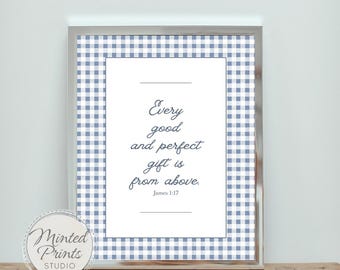 Baptism Gift Boy Gingham Print James 1:17 Wall Art Vintage Scripture Kid's Room Art Bible Verse Nursery Decor Every Good and Perfect Gift