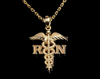 Solid Gold Caduceus Necklace, Nurse Necklace, Caduceus Pendant, RN symbol Pendant, Christmas Gift