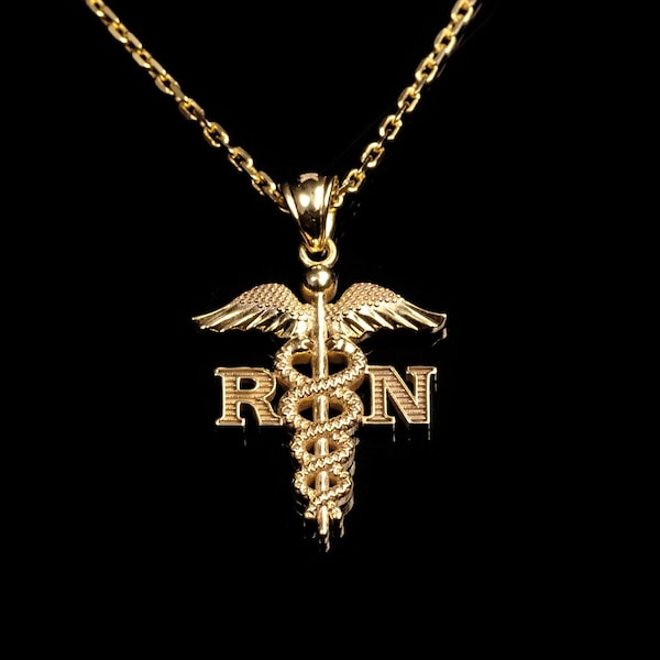 Solid Gold Caduceus Necklace, Nurse Necklace, Caduceus Pendant, RN symbol Pendant, Christmas Gift