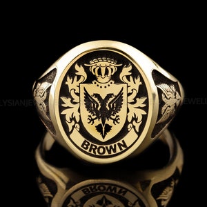 Solid Gold Family Crest Signet Ring: Custom Engraved Jewelry