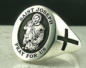 Saint Joseph Ring, Silver Religious Ring, Christian Signet Ring, Silver Catholic Ring