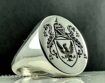 Custom Sterling Silver Family Crest Signet Ring: Engraved Coat of Arms
