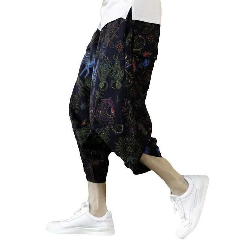 Cropped Pants Ninja Pants Loose Pants Jogger Pants Men Tribal Pattern Drawstring Linen Harem Pants