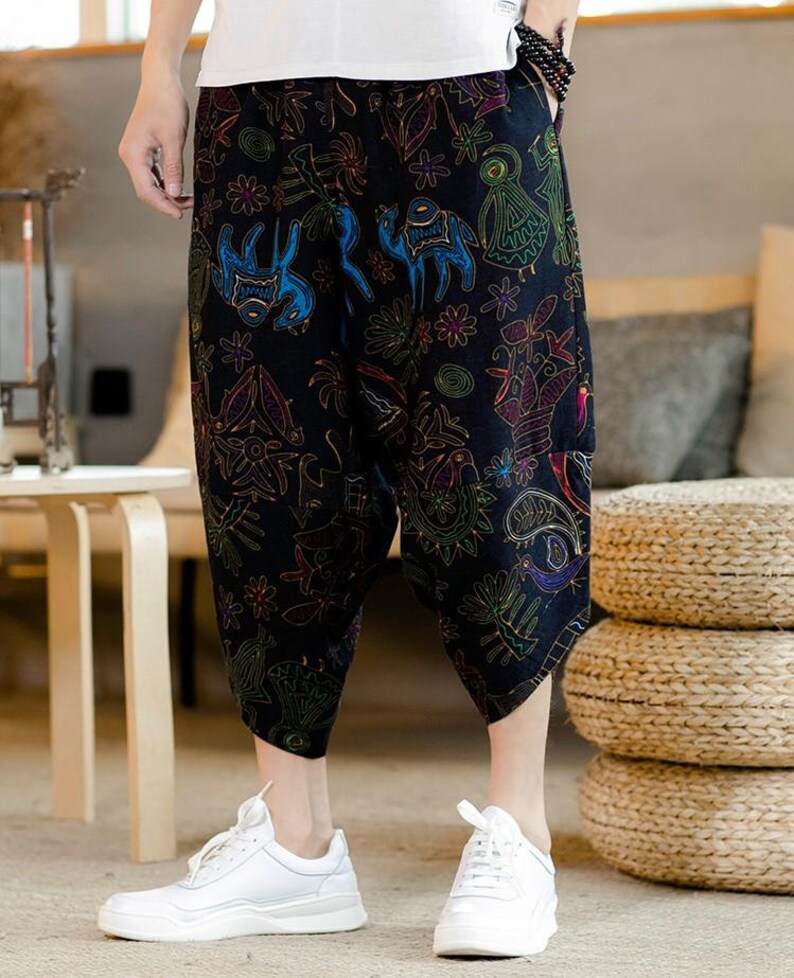 Cropped Pants Ninja Pants Loose Pants Jogger Pants Men Tribal Pattern Drawstring Linen Harem Pants
