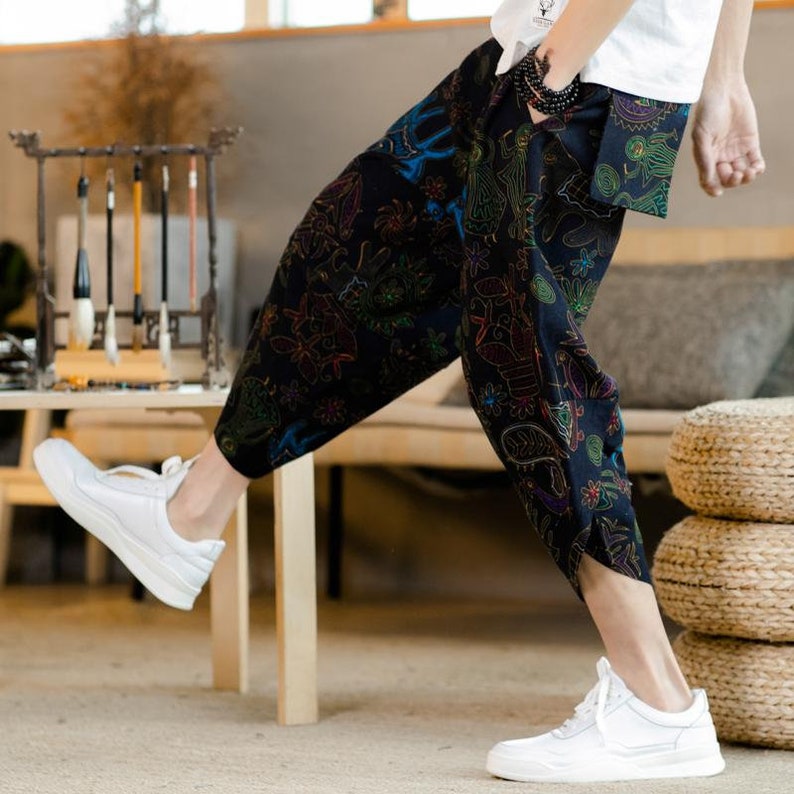 Cropped Pants Ninja Pants Loose Pants Jogger Pants Men Tribal Pattern Drawstring Linen Harem Pants