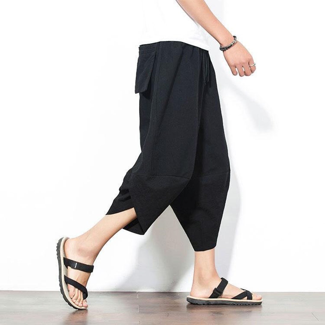 Men Black Drawstring Linen Loose Pants Japanese Pants for - Etsy