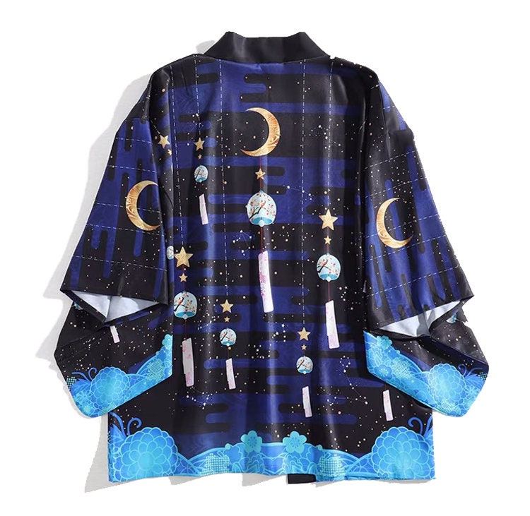 Kimono de estrellas Cardigan Chal de raso impreso con estrellas y lunas 