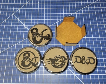 Dragon Icons - Set of 4 Premium Round Coasters - Leatherette - Metal Base and Holder - D&D Coaster Set - Dungeons and Dragons - RPG