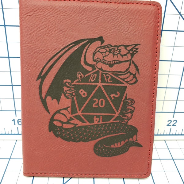 Dungeons and Dragons Class Icons with D20 - Passport Holder - 4.25" X 5.5" - Laser Engraved - D&D Themed - Fantasy - RPG - D20