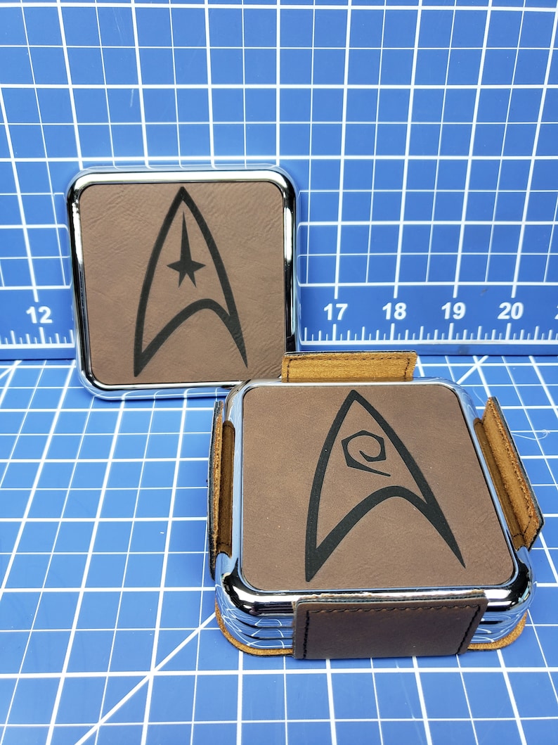 Star Trek Insignia Set of 4 Premium Square Coasters Leatherette Metal Base and Holder Coaster Set
