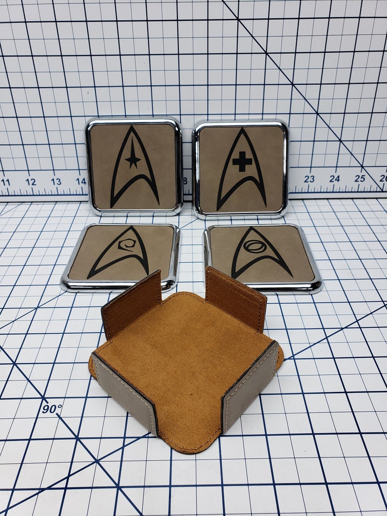 Star Trek Insignia Set of 4 Premium Square Coasters Leatherette Metal Base and Holder Coaster Set