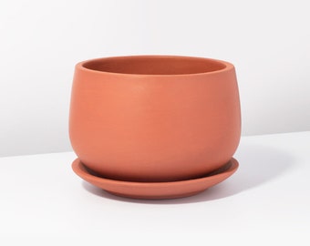 May include: A terracotta-colored ceramic planter with a matching saucer. The round, squat planter has a wide opening and a smooth, matte finish. The saucer is a simple, flat disc, designed to catch excess water.