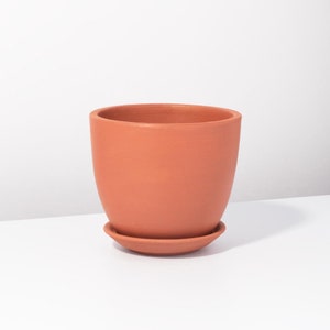 May include: A terracotta plant pot with a smooth, matte finish and a rounded silhouette. The pot features a matching circular saucer base, providing a clean and simple design for housing indoor plants while maintaining a consistent earthy orange color.