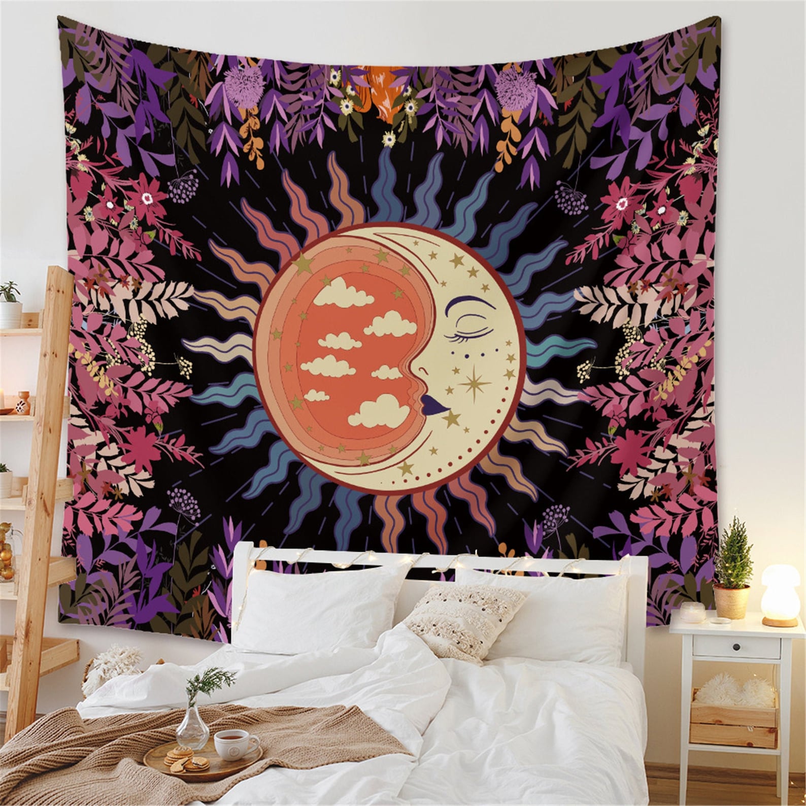 Moon Tapestry Flower Wall Hanging Moon Face Tapestry Stars Etsy