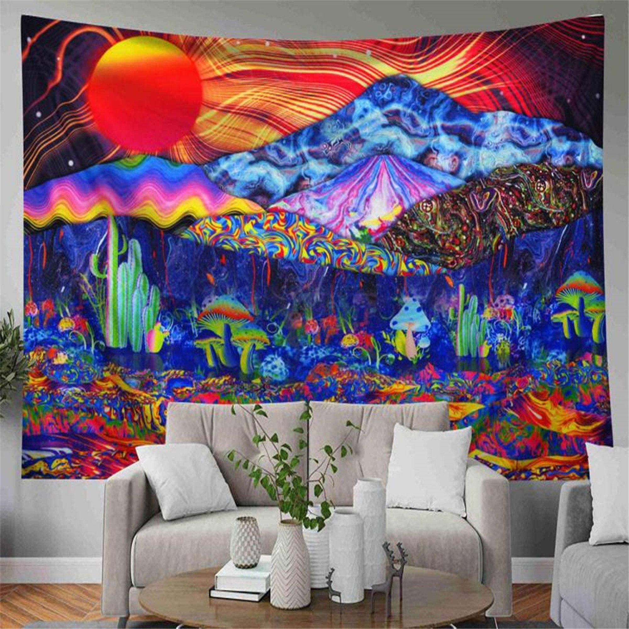Trippy Mushrooms Tapestry Psychedelic Tapestries Fantasy Etsy