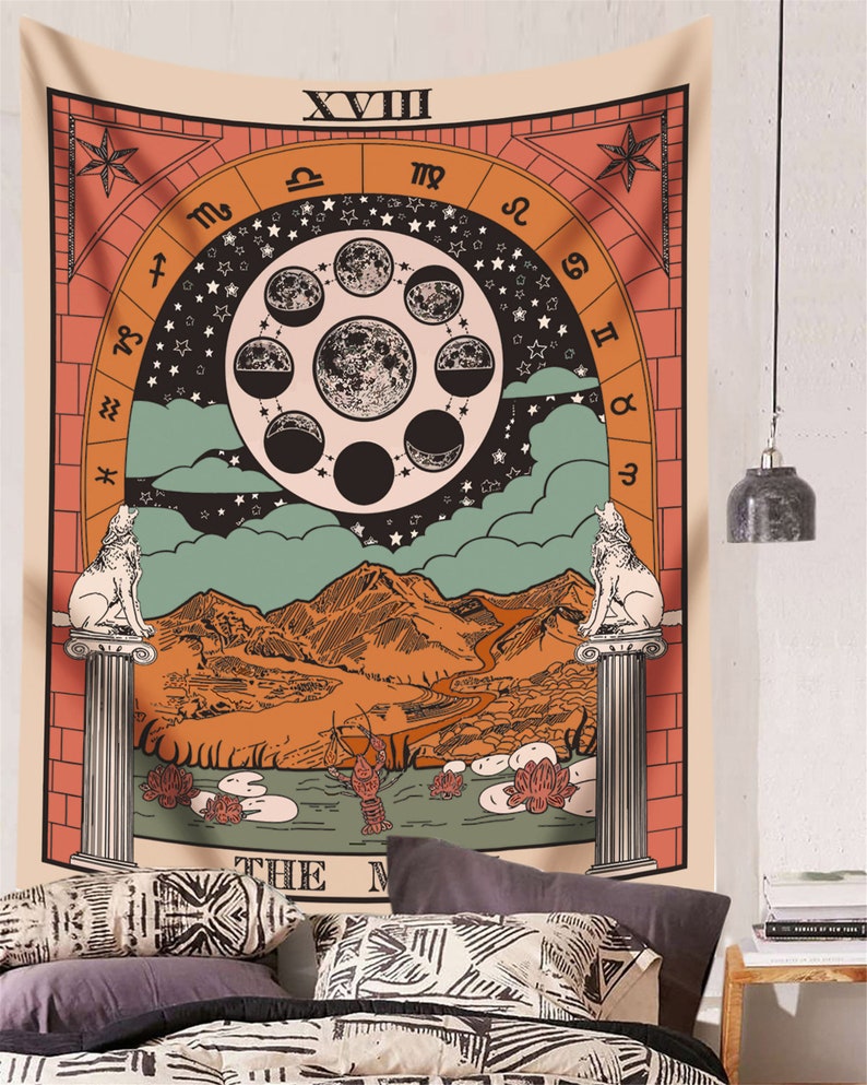 The Moon Tapestry Pond Lotus Leaf Crayfish Tapestry Tarot Tapestry Medieval Europe Divination Tapestry Mysterious Tapestries for Room