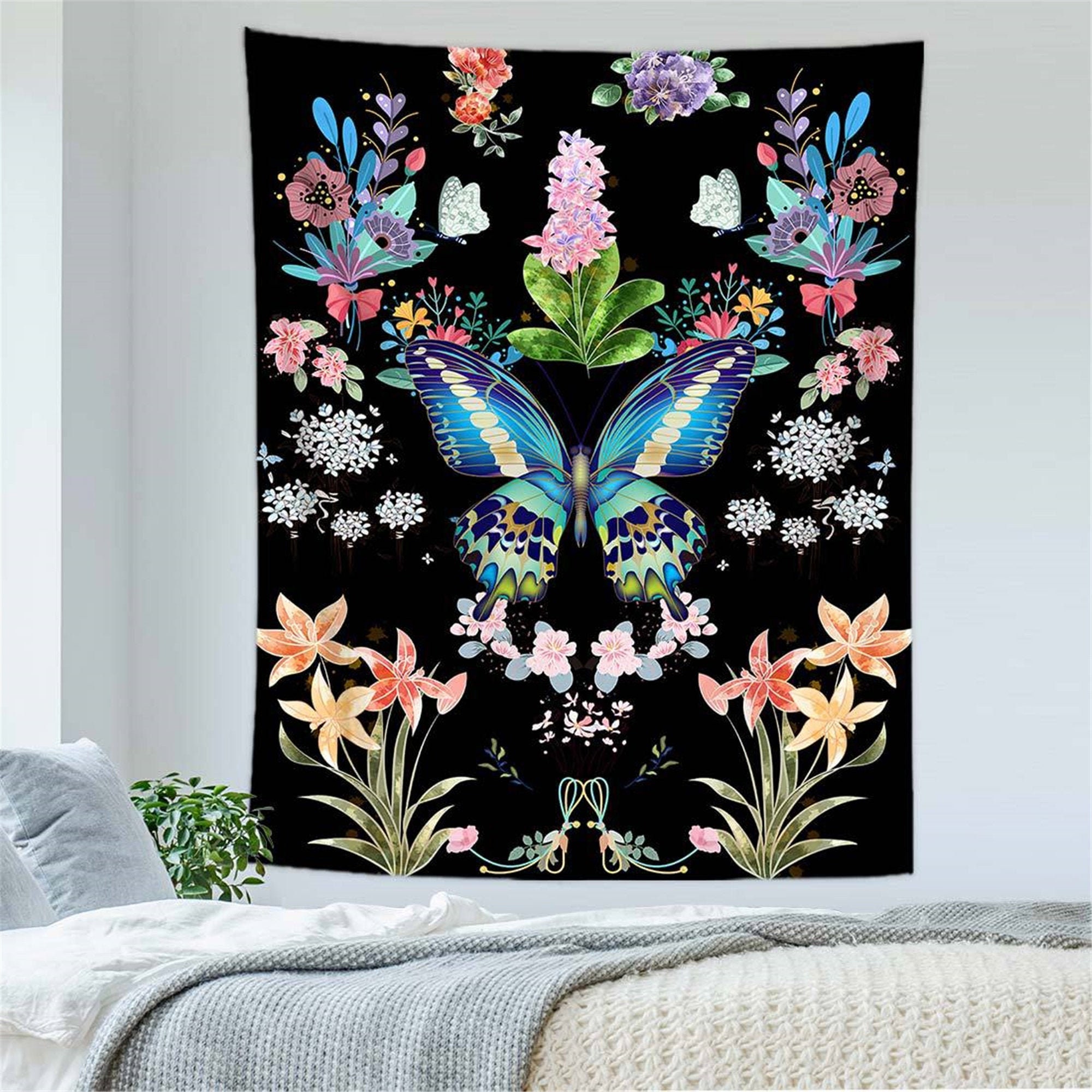 Butterfly Flowers Vertical Tapestry Wall Hanging Black Etsy